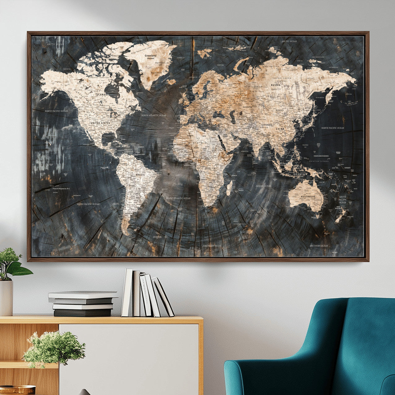 57626704-MGV-FC-36X24 - World Map Wall Art Canvas Print, Modern Decorative Framed Map Artwork Prints for Living Room, Office, Bedroom Wall Decor