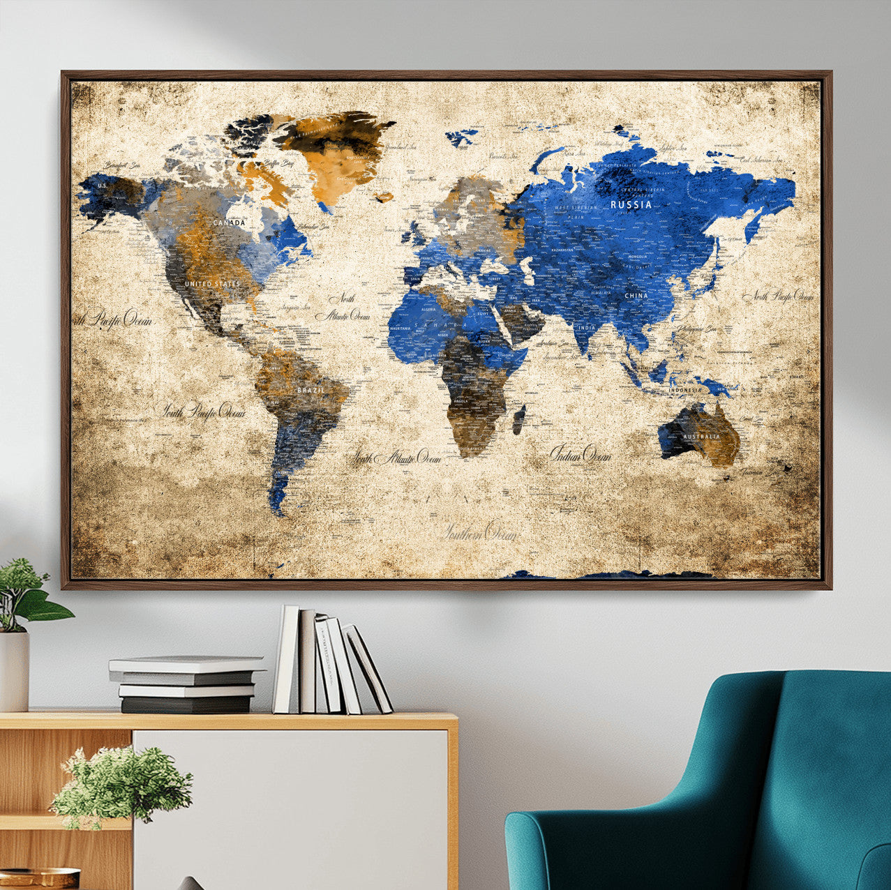 13564339-MGV-FC-36X24 - World Map Wall Art Canvas Print, Modern Decorative Framed Map Artwork Prints for Living Room, Office, Bedroom Wall Decor