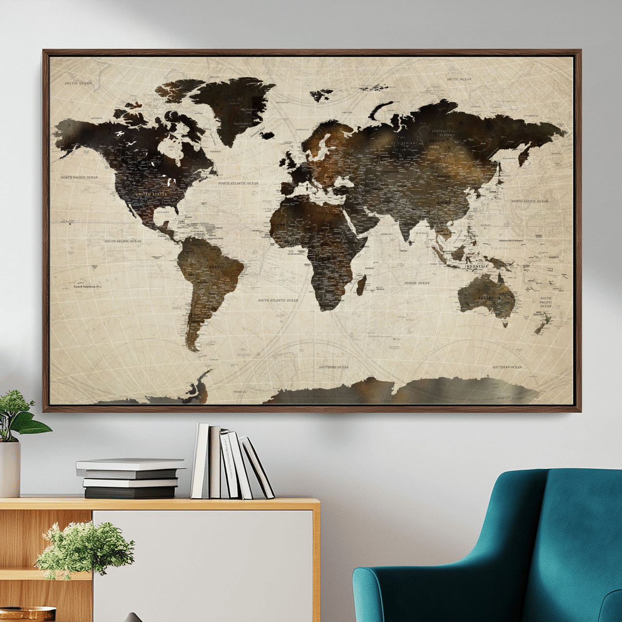 81771296-MGV-FC-36X24 - World Map Wall Art Canvas Print, Modern Decorative Framed Map Artwork Prints for Living Room, Office, Bedroom Wall Decor