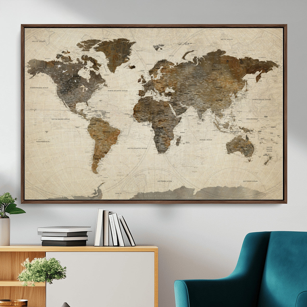 91849163-MGV-FC-36X24 - World Map Wall Art Canvas Print, Modern Decorative Framed Map Artwork Prints for Living Room, Office, Bedroom Wall Decor