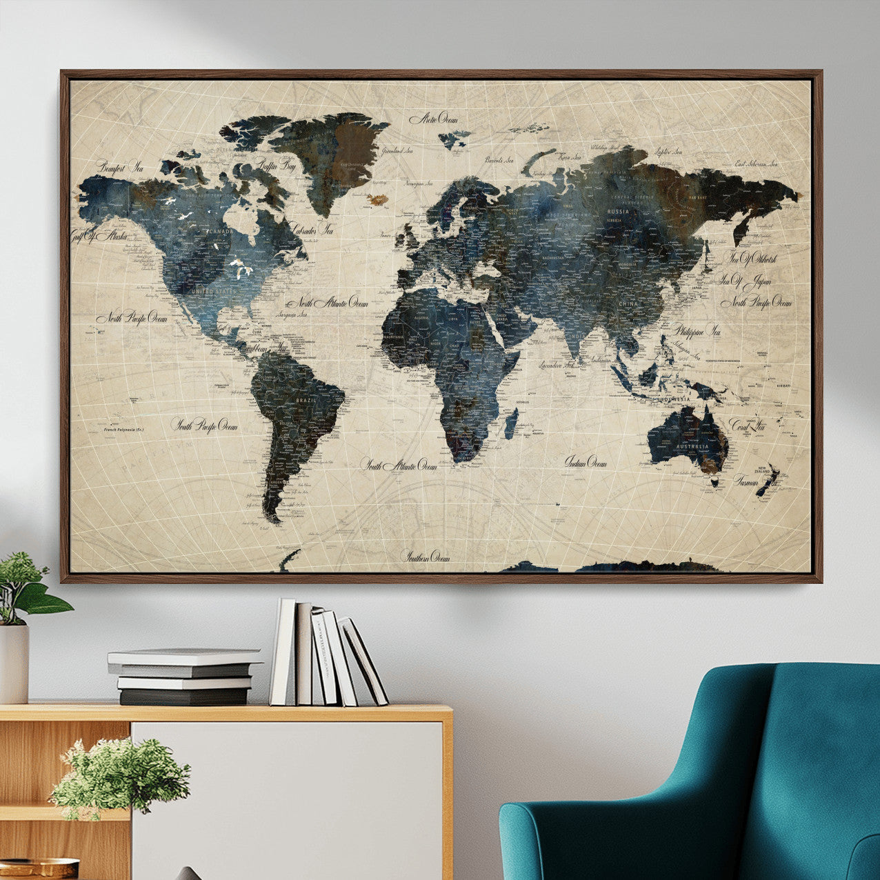33438443-MGV-FC-36X24 - World Map Wall Art Canvas Print, Modern Decorative Framed Map Artwork Prints for Living Room, Office, Bedroom Wall Decor