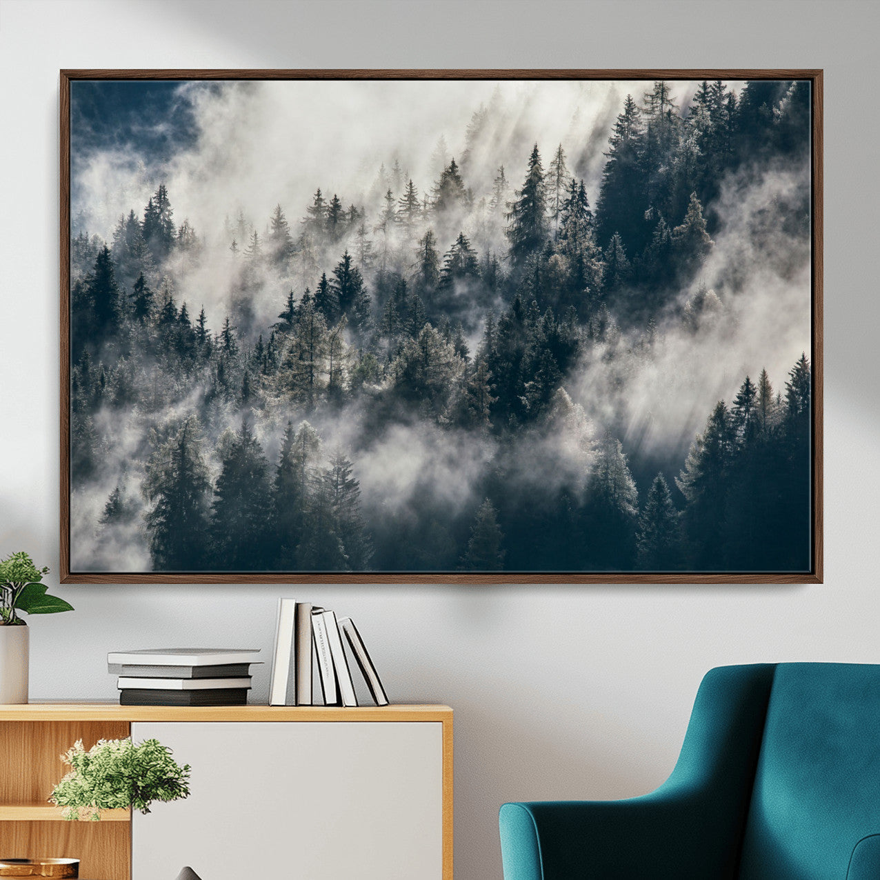 270372951-MGV-FC-36X24 - Misty Pine Forest Canvas Wall Art – Dark Forest Mountaing and Nature Landscape Print, Horizontal Canvas Print