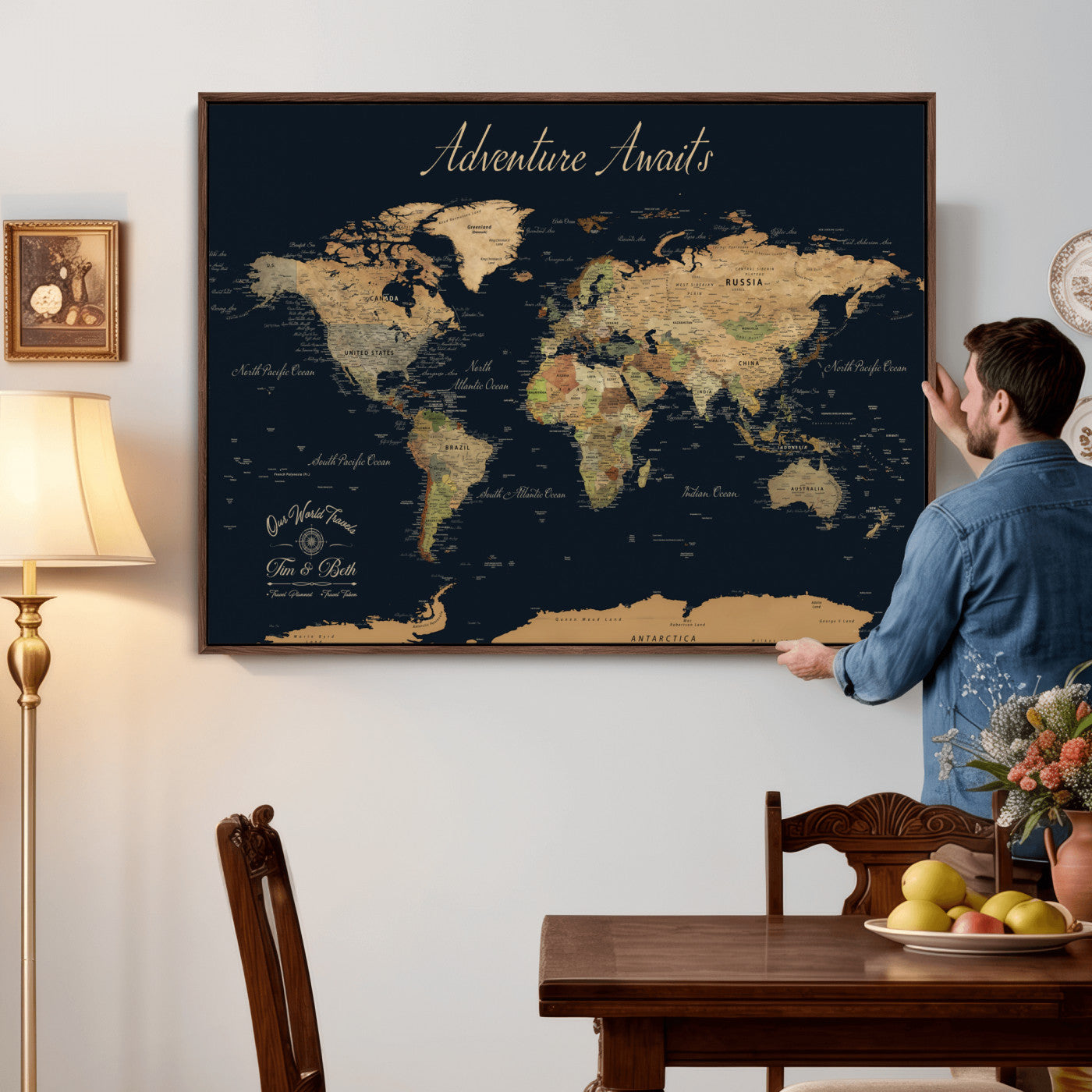 92618915-MGV-FC-36X24 - Customized Push Pin World Map Wall Art Canvas Print with Pins, Framed Personalize Travel Tracker Map, World Map for Living Room and Office Decor