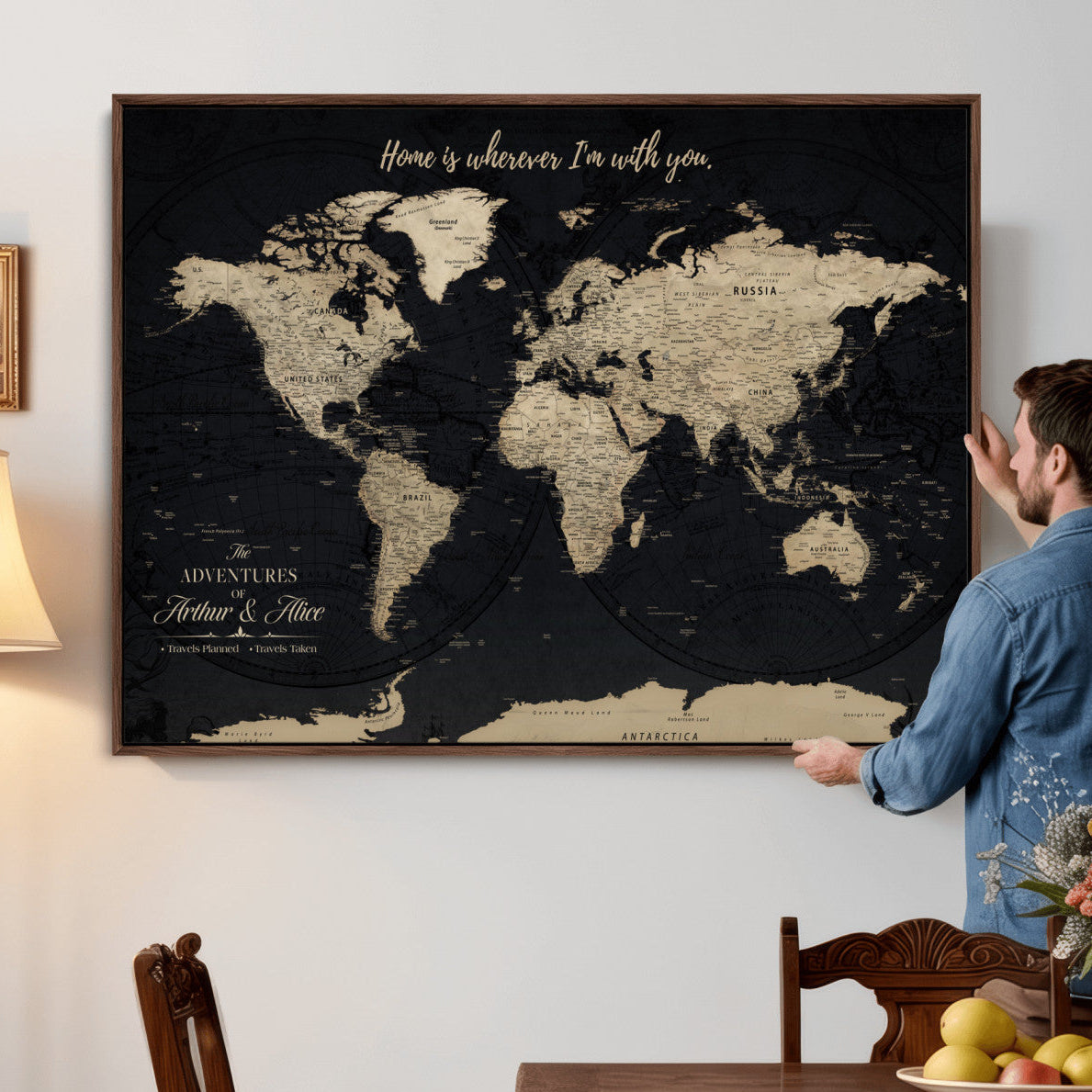 87955516-MGV-FC-36X24 - Customized Push Pin World Map Wall Art Canvas Print with Pins, Framed Personalize Travel Tracker Map, World Map for Living Room and Office Decor