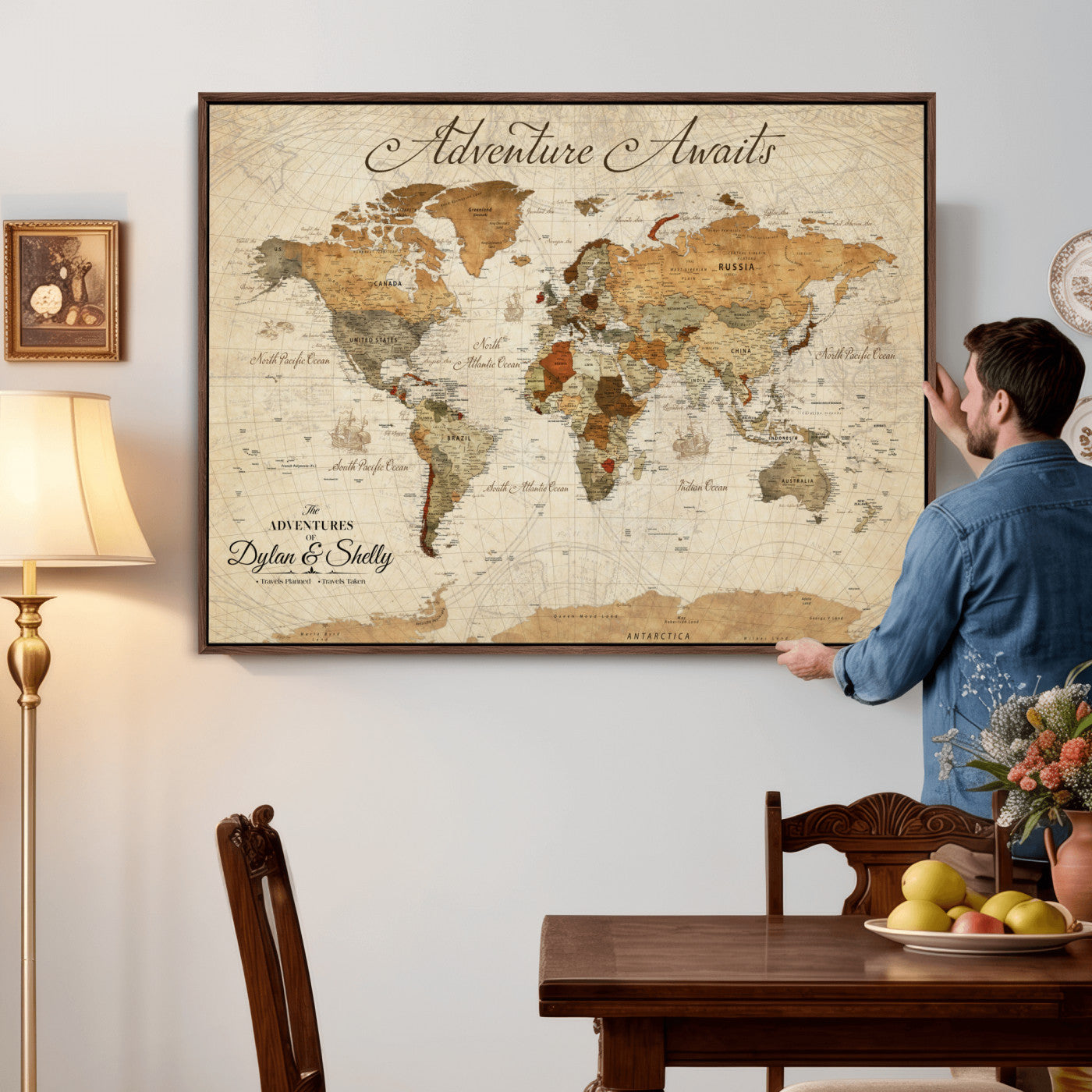 17298116-MGV-FC-36X24 - Custom World Map Wall Art Canvas Print with Pins, Framed Personalize Push Pin Travel Tracker Map, World Map for Living Room and Office Decor