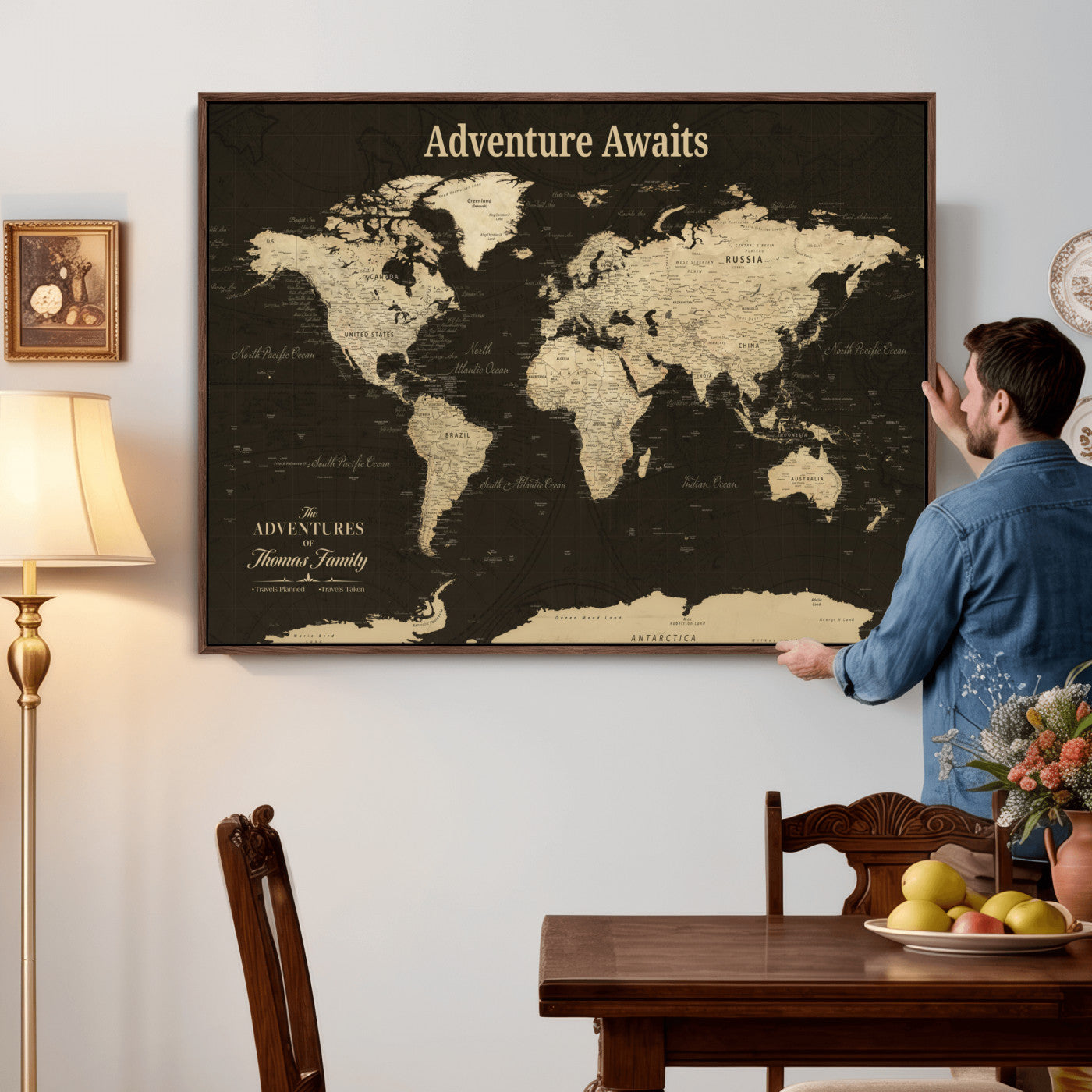 67940426-MGV-FC-36X24 - Customized Push Pin World Map Wall Art Canvas Print with Pins, Framed Personalize Travel Tracker Map, World Map for Living Room and Office Decor
