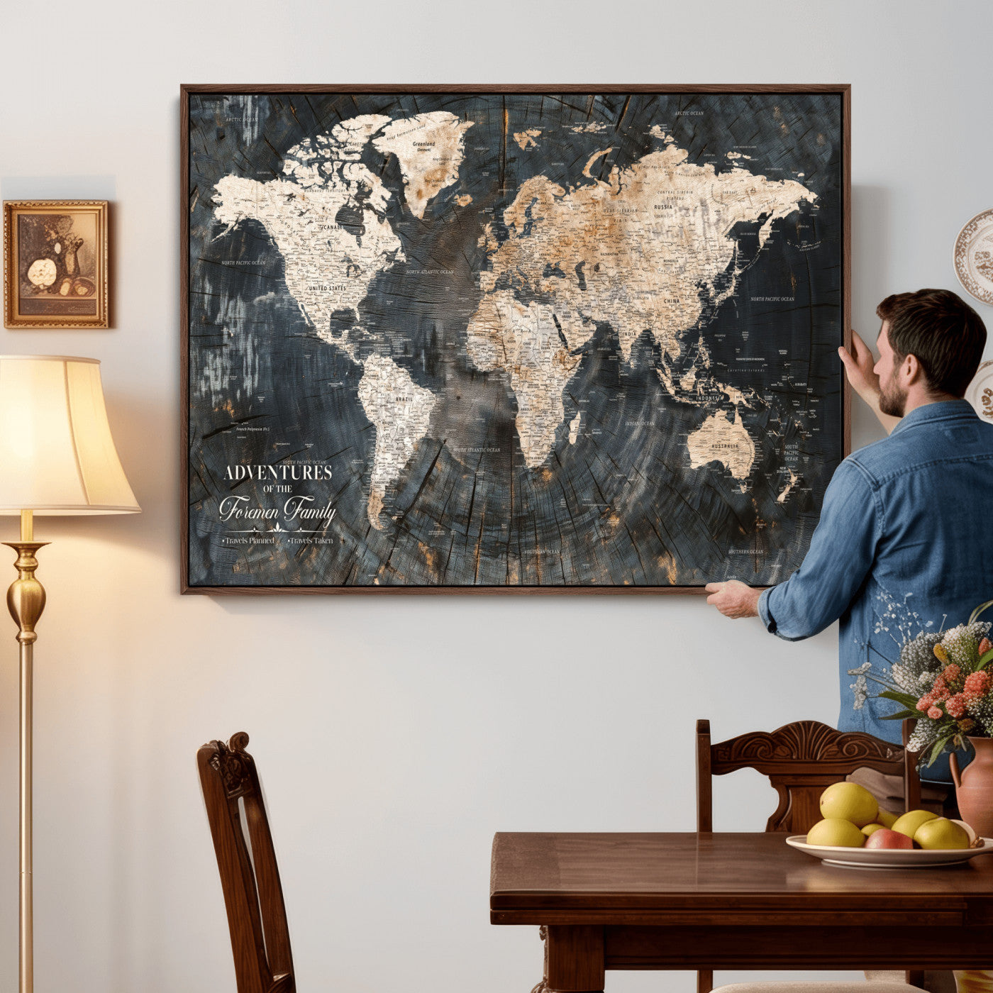 74461965-MGV-FC-36X24 - Customized Push Pin World Map Wall Art Canvas Print with Pins, Framed Personalize Travel Tracker Map, World Map for Living Room and Office Decor