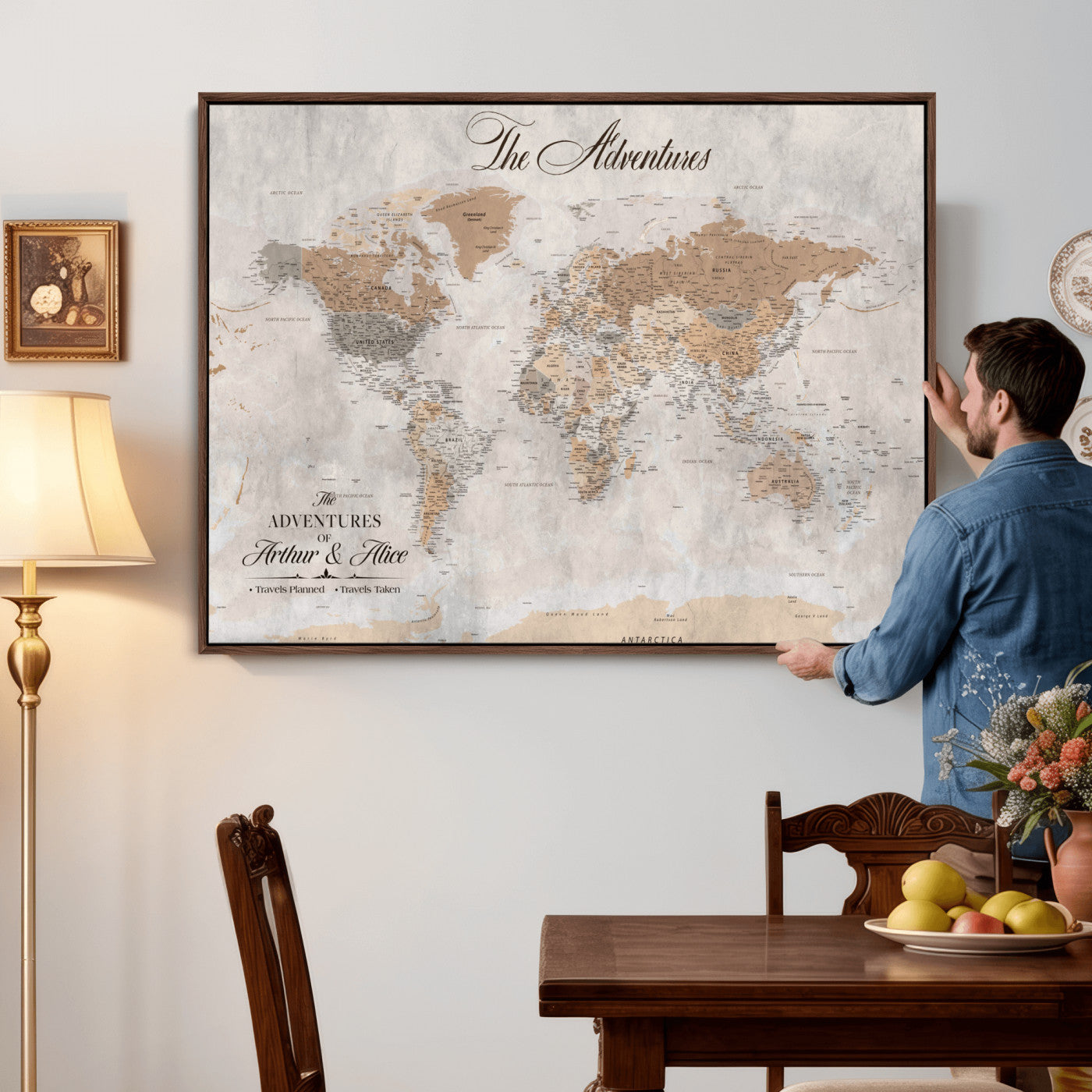 85771580-MGV-FC-36X24 - Custom Push Pin World Map Wall Art Canvas Print with Pins, Framed Personalize Travel Tracker Map, World Map for Living Room and Office Decor