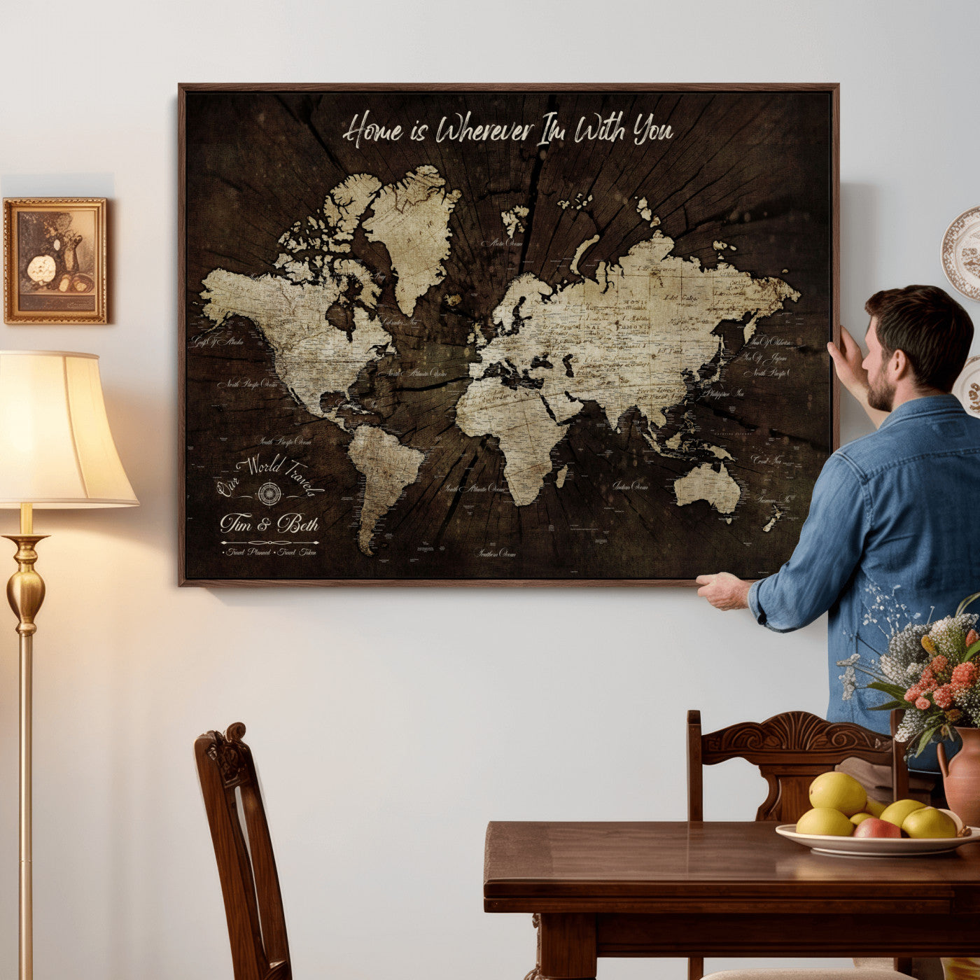 57852913-MGV-FC-36X24 - Customized Push Pin World Map Wall Art Canvas Print with Pins, Framed Personalize Travel Tracker Map, World Map for Living Room and Office Decor