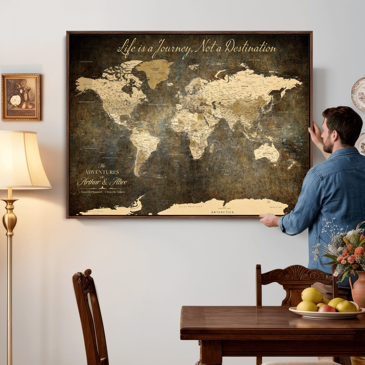 75877068-MGV-CV-36X24 - Custom Push Pin World Map Wall Art Canvas Print β Personalized Travel Tracker with Pins Framed Large for Home and Office Decor