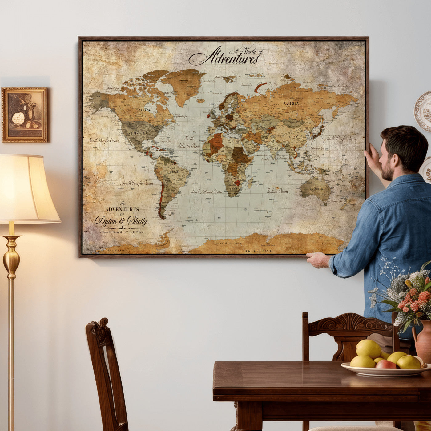 54461872-MGV-CV-36X24 - Custom Push Pin World Map Wall Art Canvas Print - Personalized Travel Tracker with Pins Framed Large for Home and Office Decor