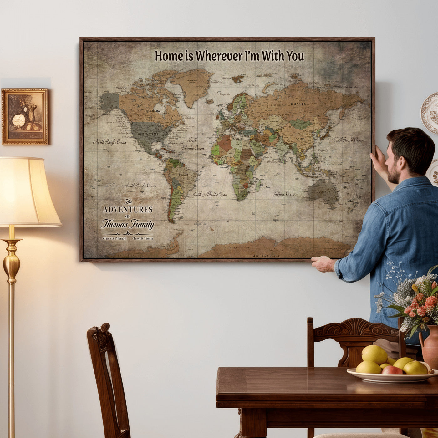 22593671-MGV-CV-36X24 - Custom Push Pin World Map Wall Art Canvas Print – Personalized Travel Tracker with Pins Framed Large for Home and Office Decor