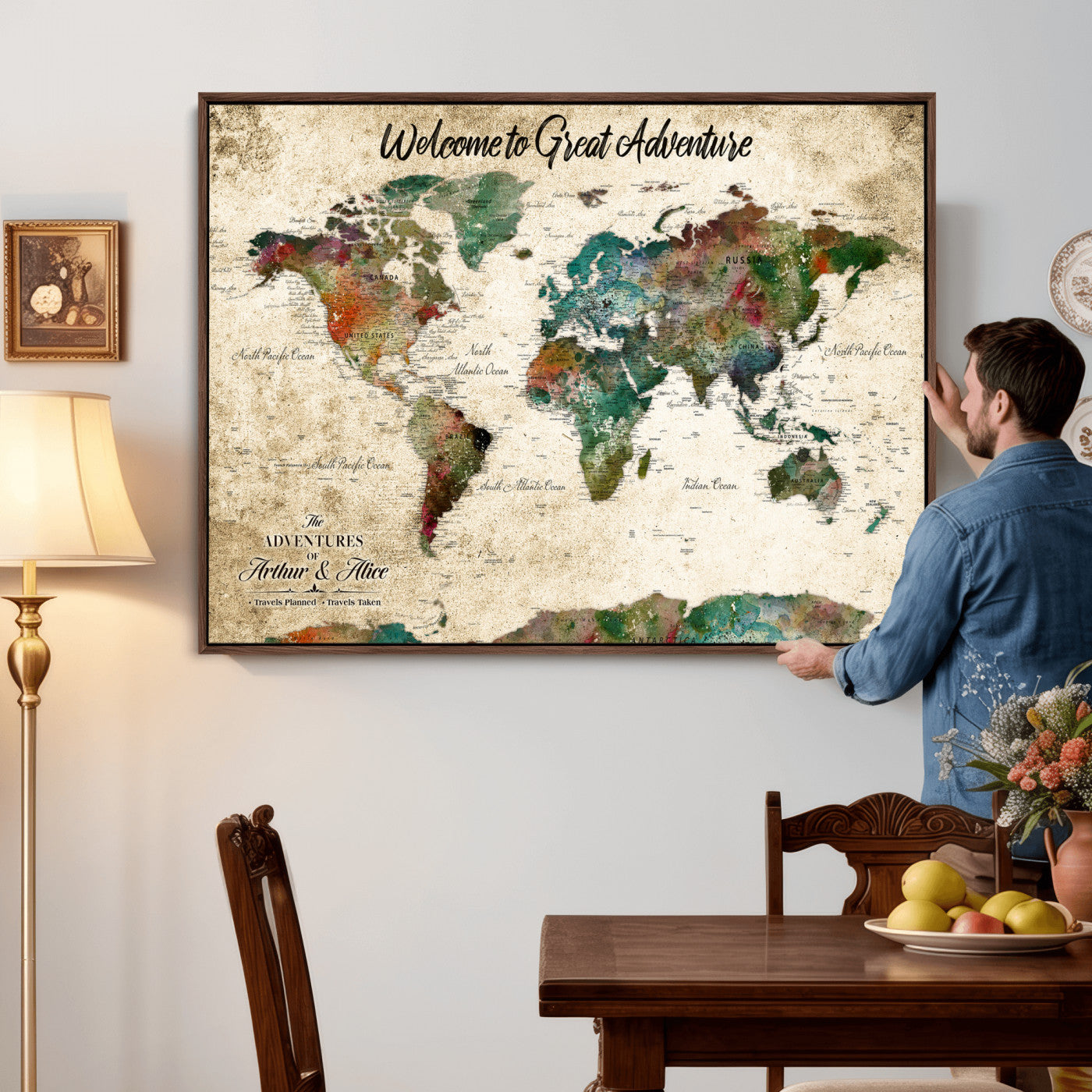 89225601-MGV-CV-36X24 - Custom Push Pin World Map Wall Art Canvas Print – Personalized Travel Tracker with Pins Framed Large for Home and Office Decor