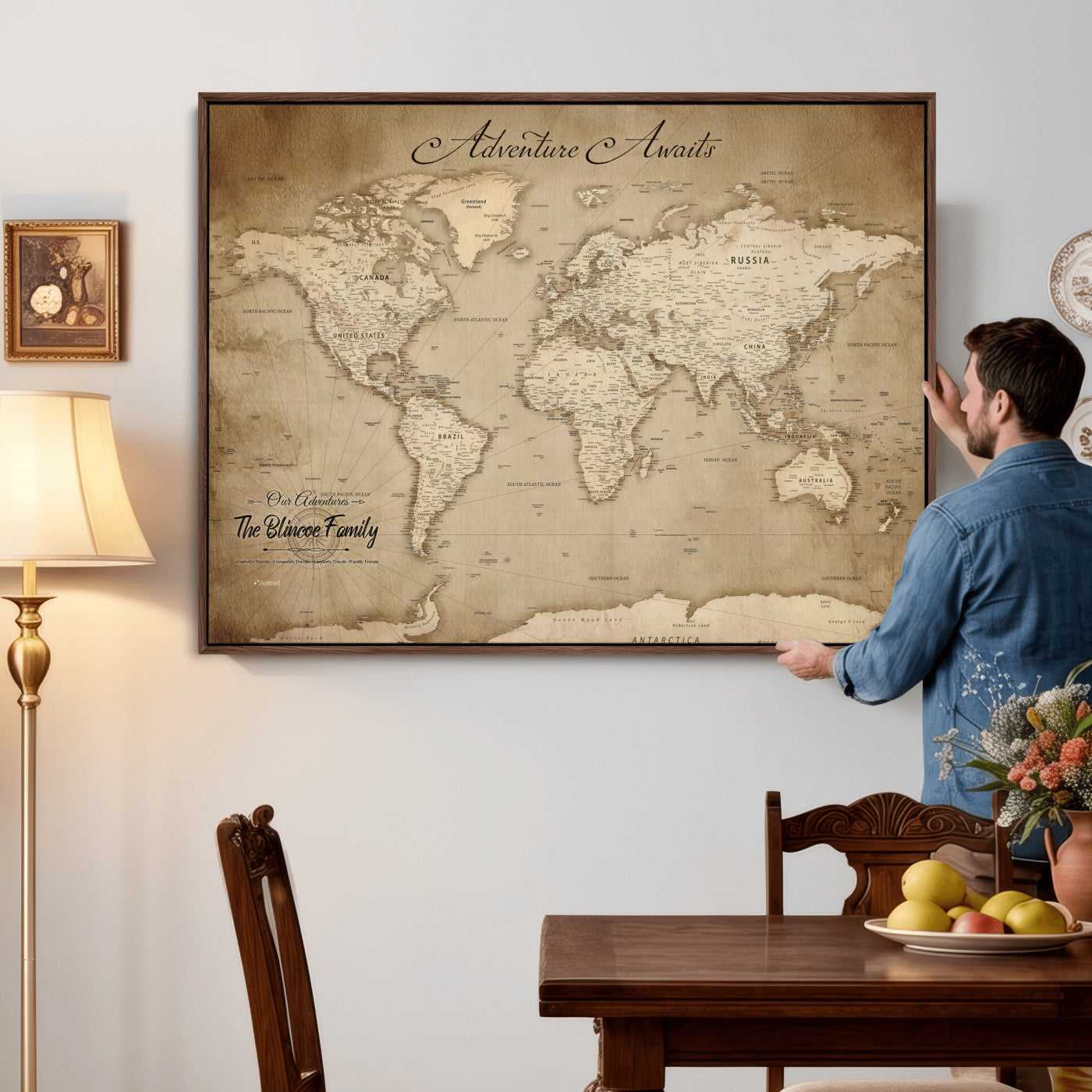 59757370-MGV-CV-36X24 - Custom Push Pin World Map Wall Art Canvas Print – Personalized Travel Tracker with Pins Framed Large for Home and Office Decor
