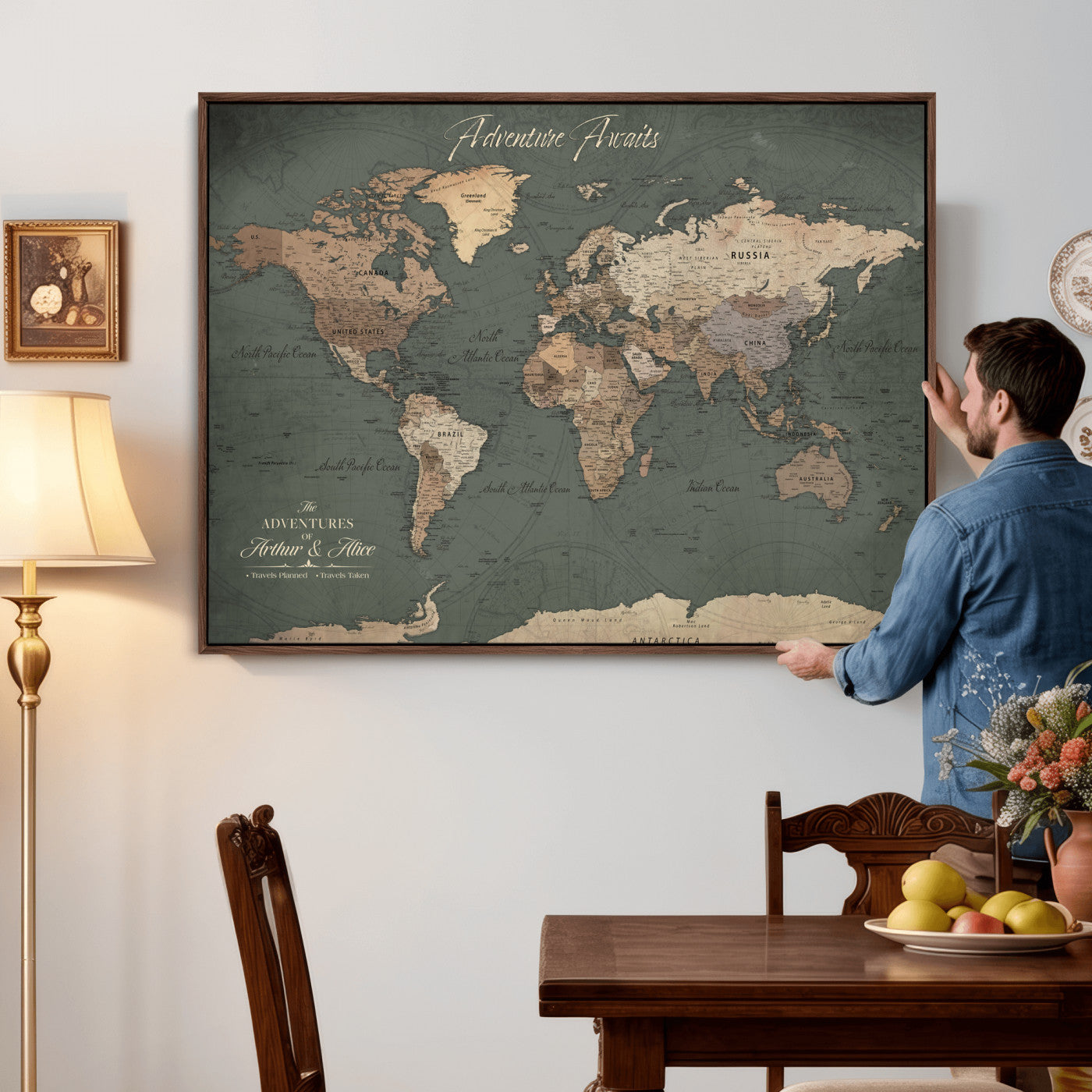 24734446-MGV-CV-36X24 - Custom Push Pin World Map Wall Art Canvas Print – Personalized Travel Tracker with Pins Framed Large for Home and Office Decor