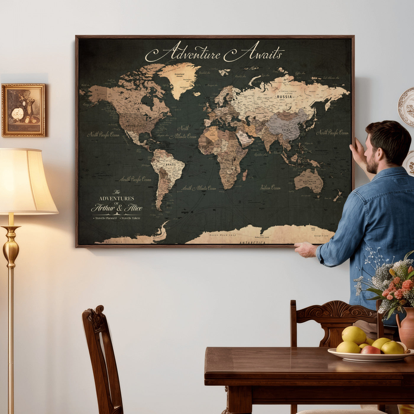 74987709-MGV-CV-36X24 - Custom Push Pin World Map Wall Art Canvas Print – Personalized Travel Tracker with Pins Framed Large for Home and Office Decor