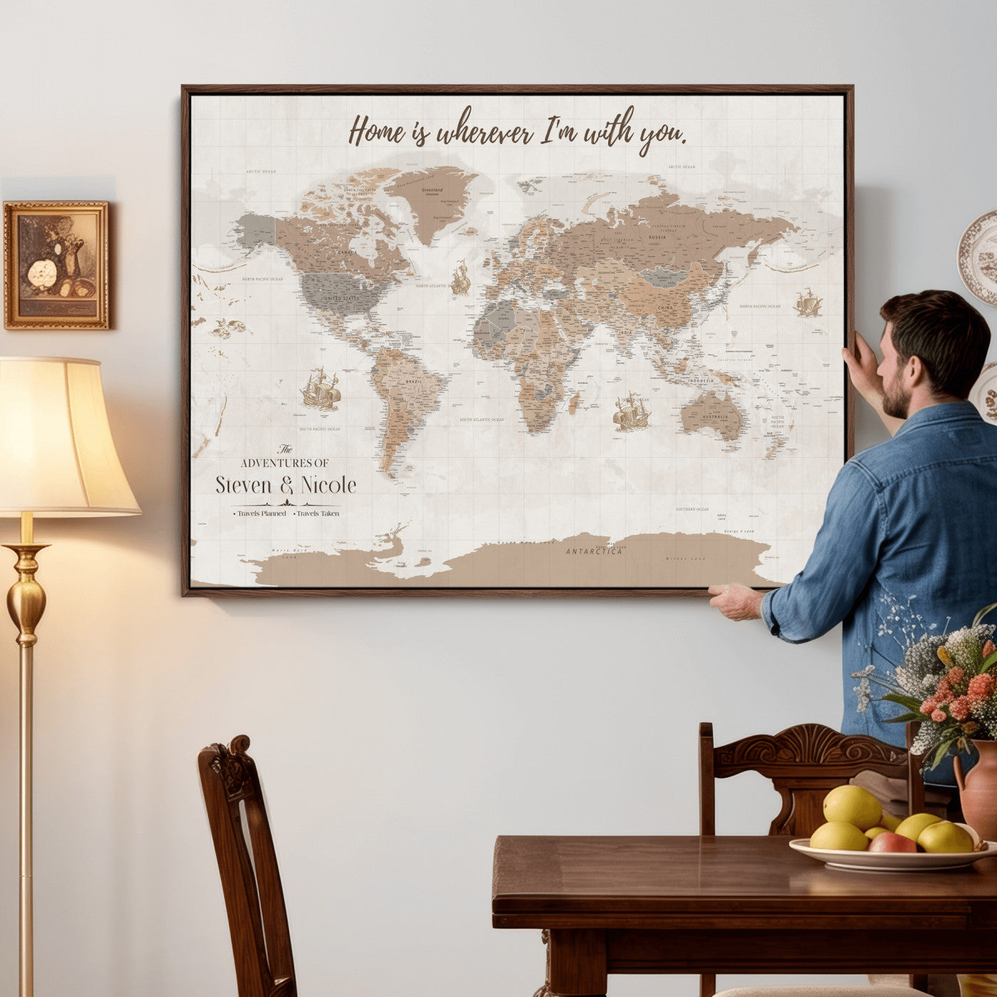 25831578-MGV-CV-36X24 - Custom Push Pin World Map Wall Art Canvas Print – Personalized Travel Tracker with Pins Framed Large for Home and Office Decor