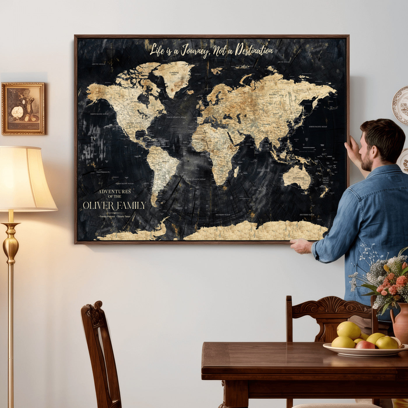 77472096-MGV-CV-36X24 - Custom Push Pin World Map Wall Art Canvas Print – Personalized Travel Tracker with Pins Framed Large for Home and Office Decor