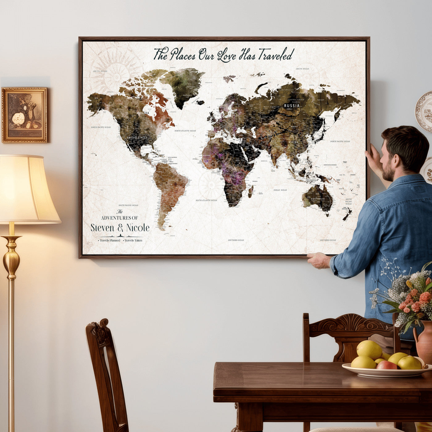 34345515-MGV-CV-36X24 - Custom Push Pin World Map Wall Art Canvas Print – Personalized Travel Tracker with Pins Framed Large for Home and Office Decor