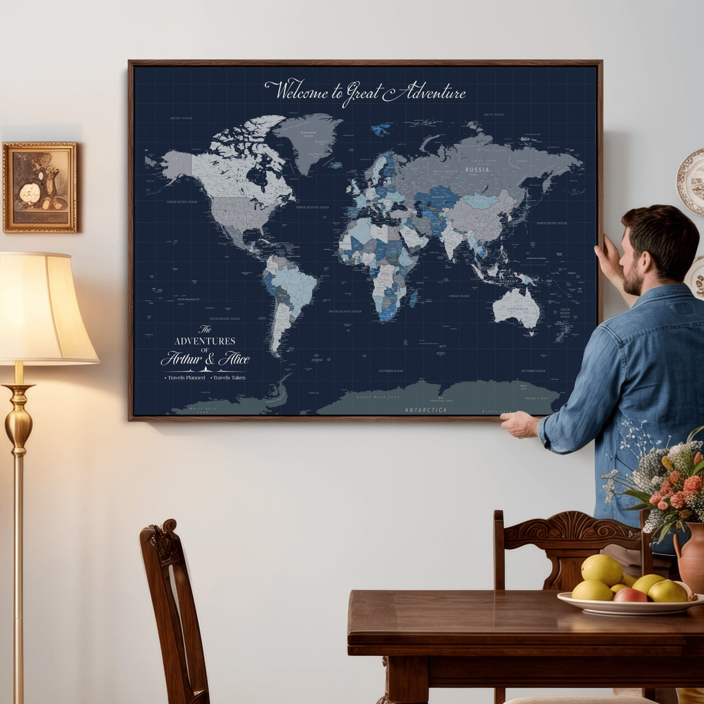 51673389-MGV-CV-36X24 - Custom Push Pin World Map Wall Art Canvas Print – Personalized Travel Tracker with Pins Framed Large for Home and Office Decor