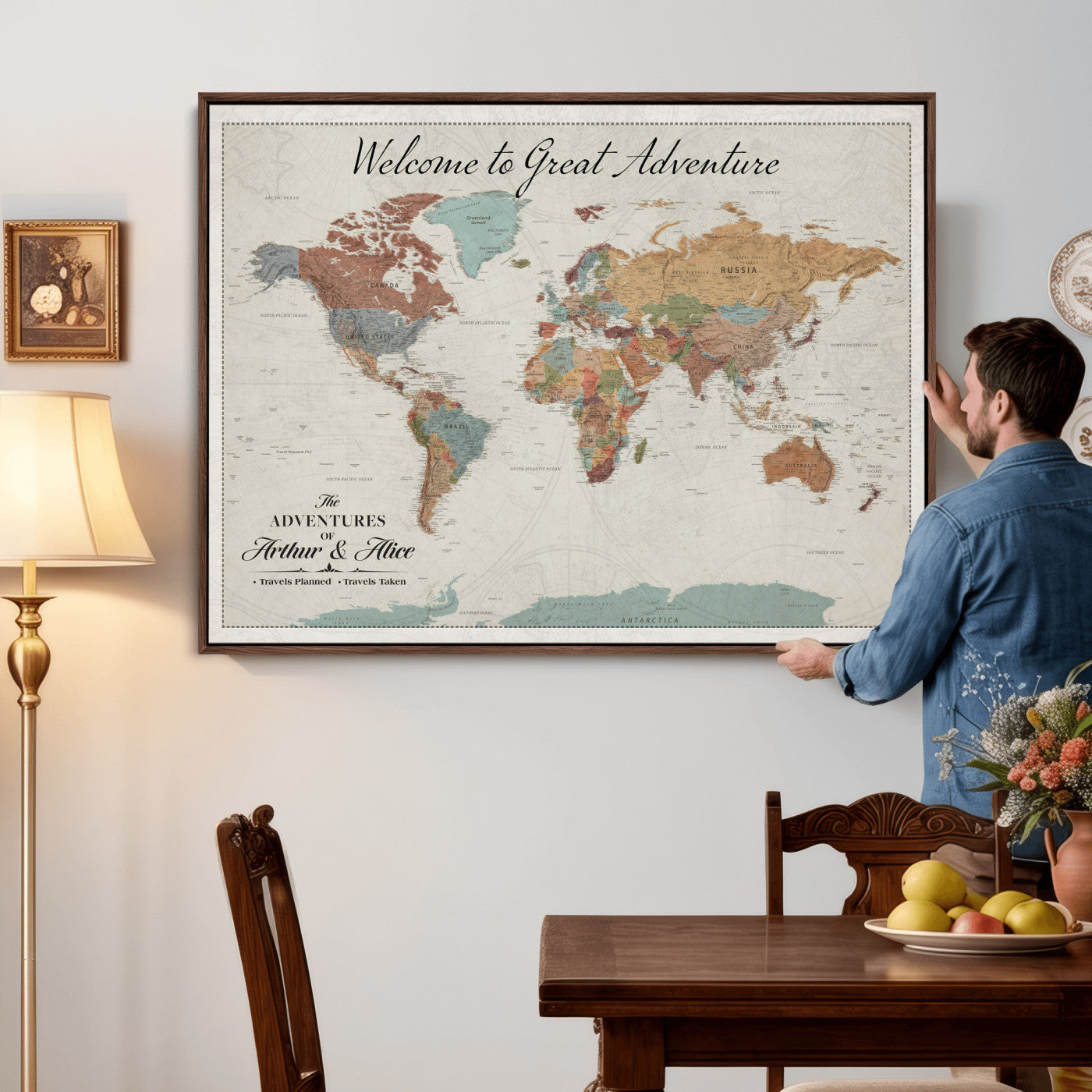 32470528-MGV-CV-36X24 - Custom Push Pin World Map Wall Art Canvas Print – Personalized Travel Tracker with Pins Framed Large for Home and Office Decor