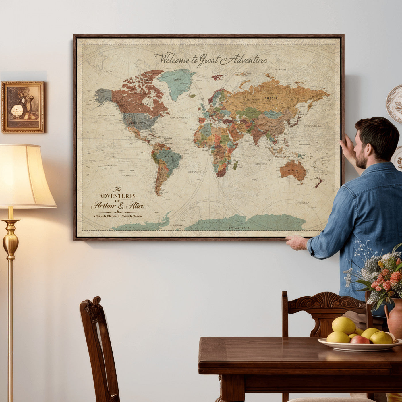 44361524-MGV-CV-36X24 - Custom Push Pin World Map Wall Art Canvas Print – Personalized Travel Tracker with Pins Framed Large for Home and Office Decor