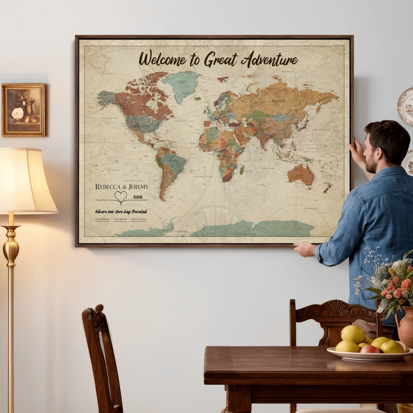 44361524-MGV-CV-36X24 - Custom Push Pin World Map Wall Art Canvas Print – Personalized Travel Tracker with Pins Framed Large for Home and Office Decor