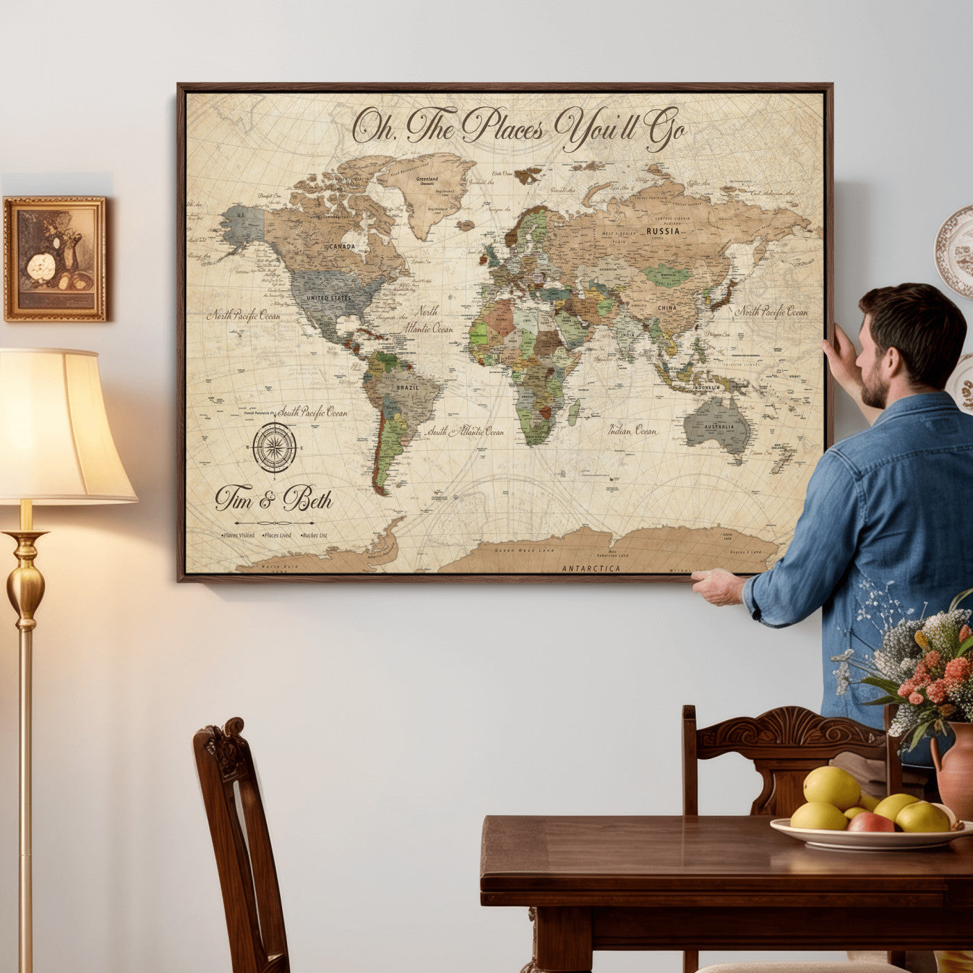 72027187-MGV-CV-36X24 - Custom Push Pin World Map Wall Art Canvas Print – Personalized Travel Tracker with Pins Framed Large for Home and Office Decor
