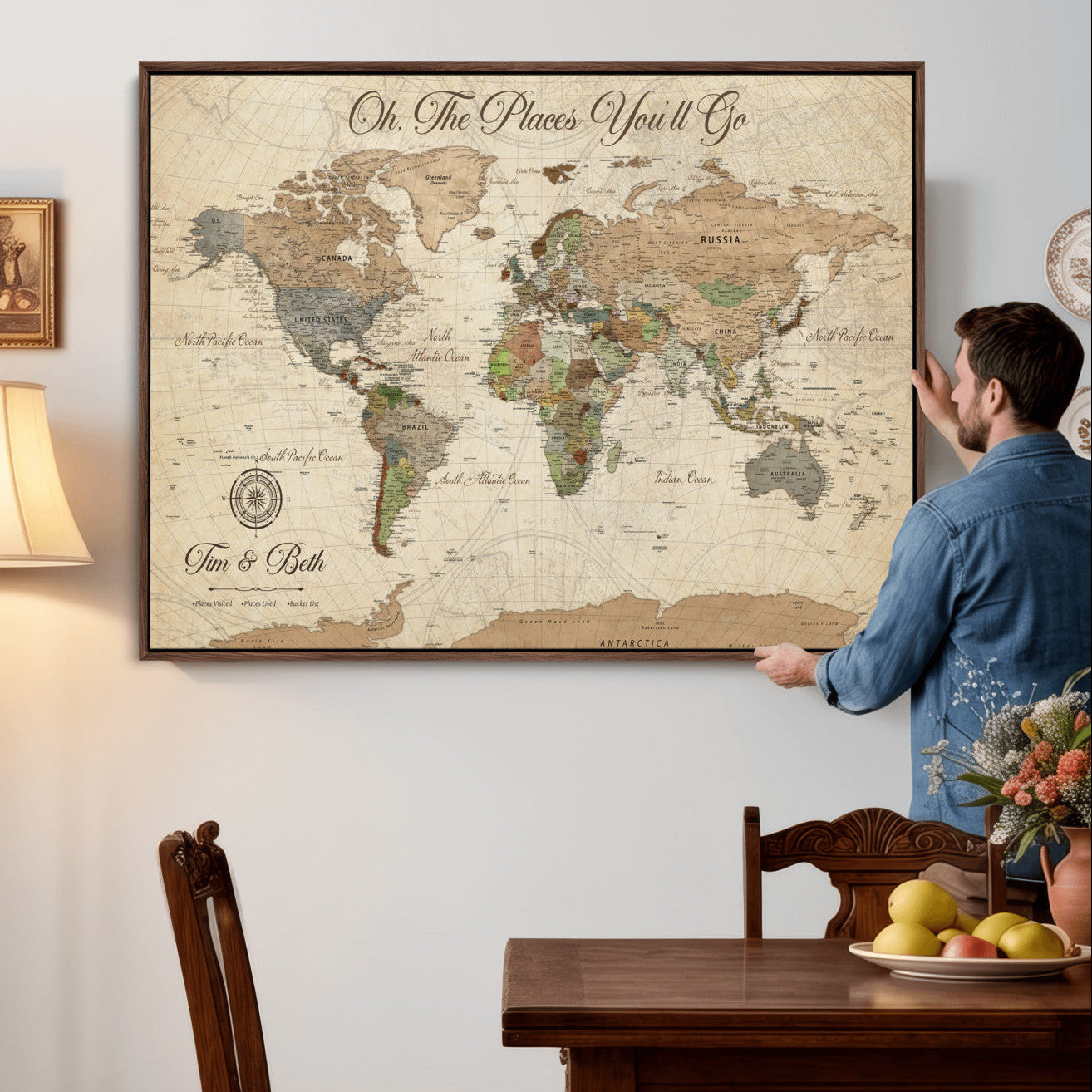 72027187-MGV-CV-36X24 - Custom Push Pin World Map Wall Art Canvas Print – Personalized Travel Tracker with Pins Framed Large for Home and Office Decor