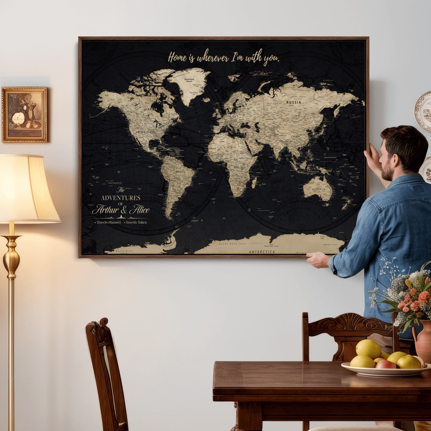 31416046-MGV-CV-36X24 - Custom Push Pin World Map Wall Art Canvas Print – Personalized Travel Tracker with Pins Framed Large for Home and Office Decor