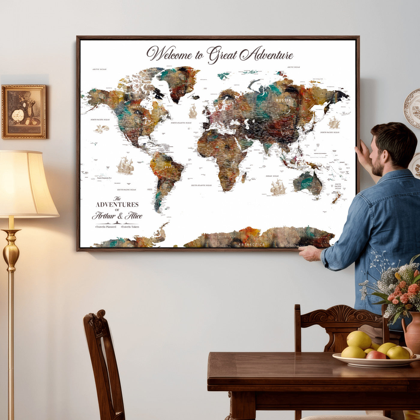 20271103-MGV-CV-36X24 - Custom Push Pin World Map Wall Art Canvas Print – Personalized Travel Tracker with Pins Framed Large for Home and Office Decor