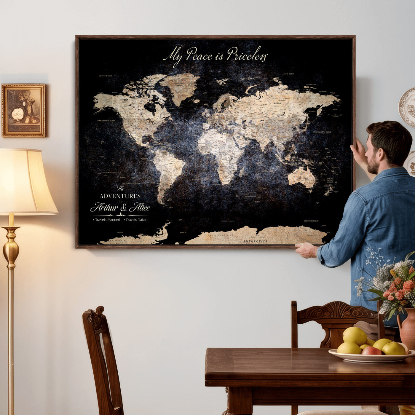 38689152-MGV-CV-36X24 - Custom Push Pin World Map Wall Art Canvas Print – Personalized Travel Tracker with Pins Framed Large for Home and Office Decor