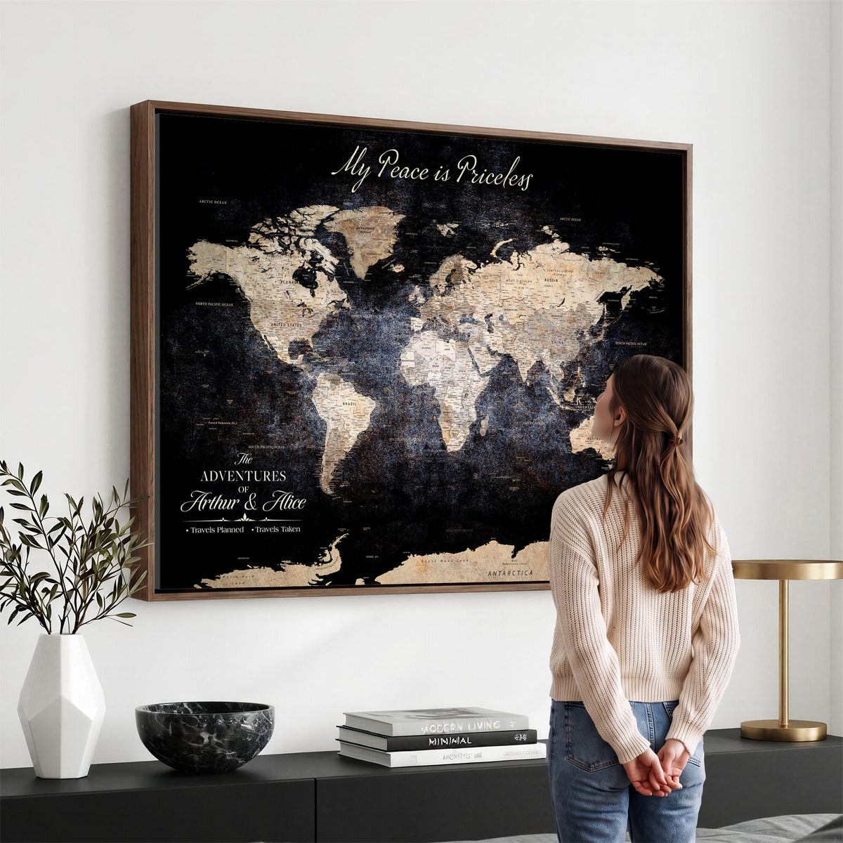 38689152-MGV-CV-36X24 - Personalized Beige World Map Canvas with Push Pins, Couples Countries Visited Map, Study and Hallway Decor