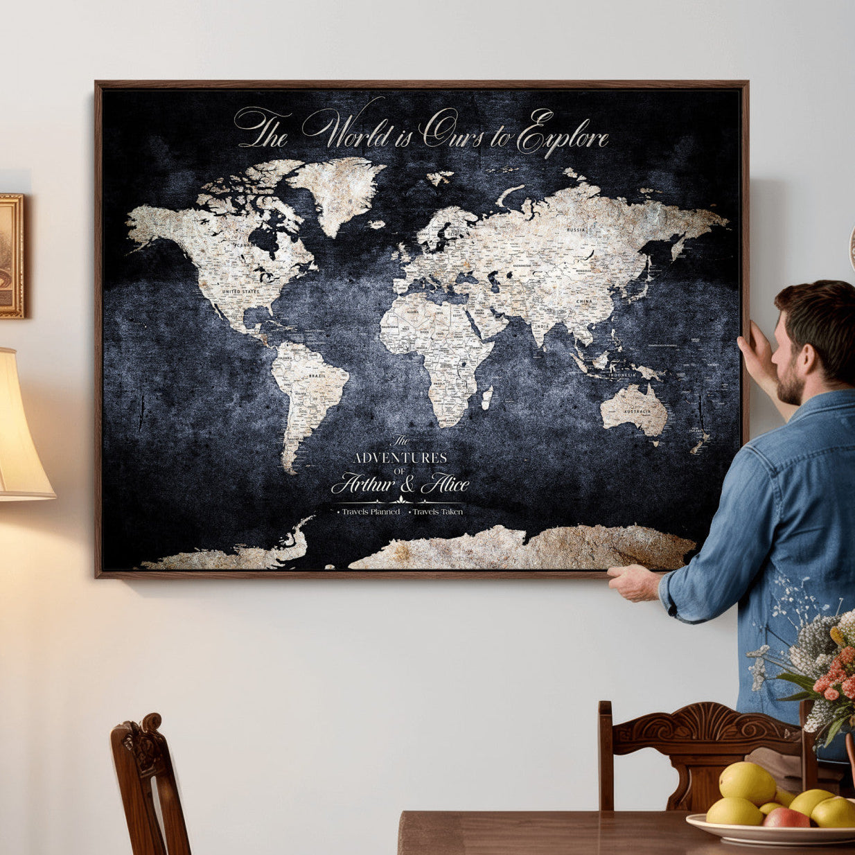 78489746-MGV-CV-36X24 - Custom Push Pin World Map Wall Art Canvas Print – Personalized Travel Tracker with Pins Framed Large for Home and Office Decor