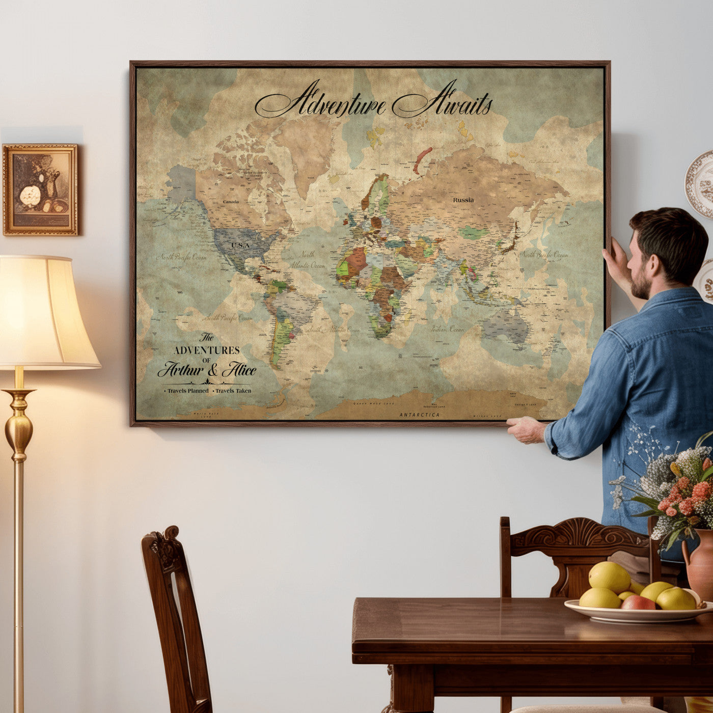80420159-MGV-CV-36X24 - Custom Push Pin World Map Wall Art Canvas Print – Personalized Travel Tracker with Pins Framed Large for Home and Office Decor