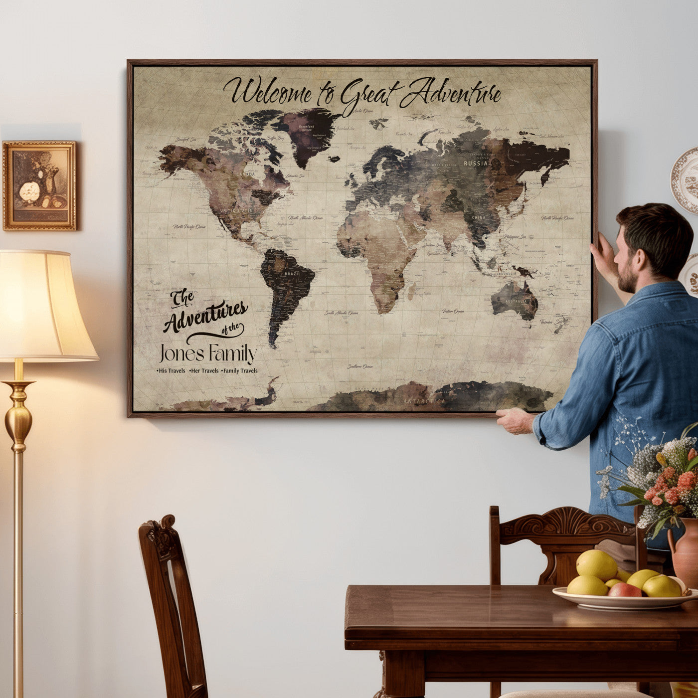 25688366-MGV-CV-36X24 - Custom Push Pin World Map Wall Art Canvas Print – Personalized Travel Tracker with Pins Framed Large for Home and Office Decor