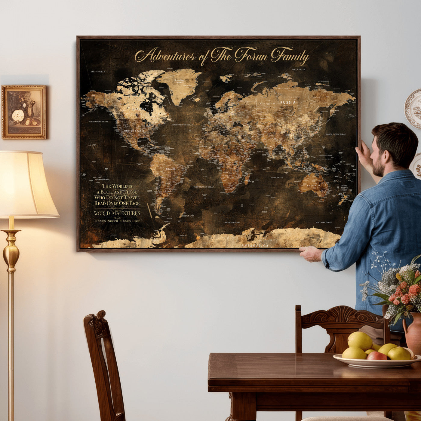 20594960-MGV-CV-36X24 - Custom Push Pin World Map Wall Art Canvas Print – Personalized Travel Tracker with Pins Framed Large for Home and Office Decor