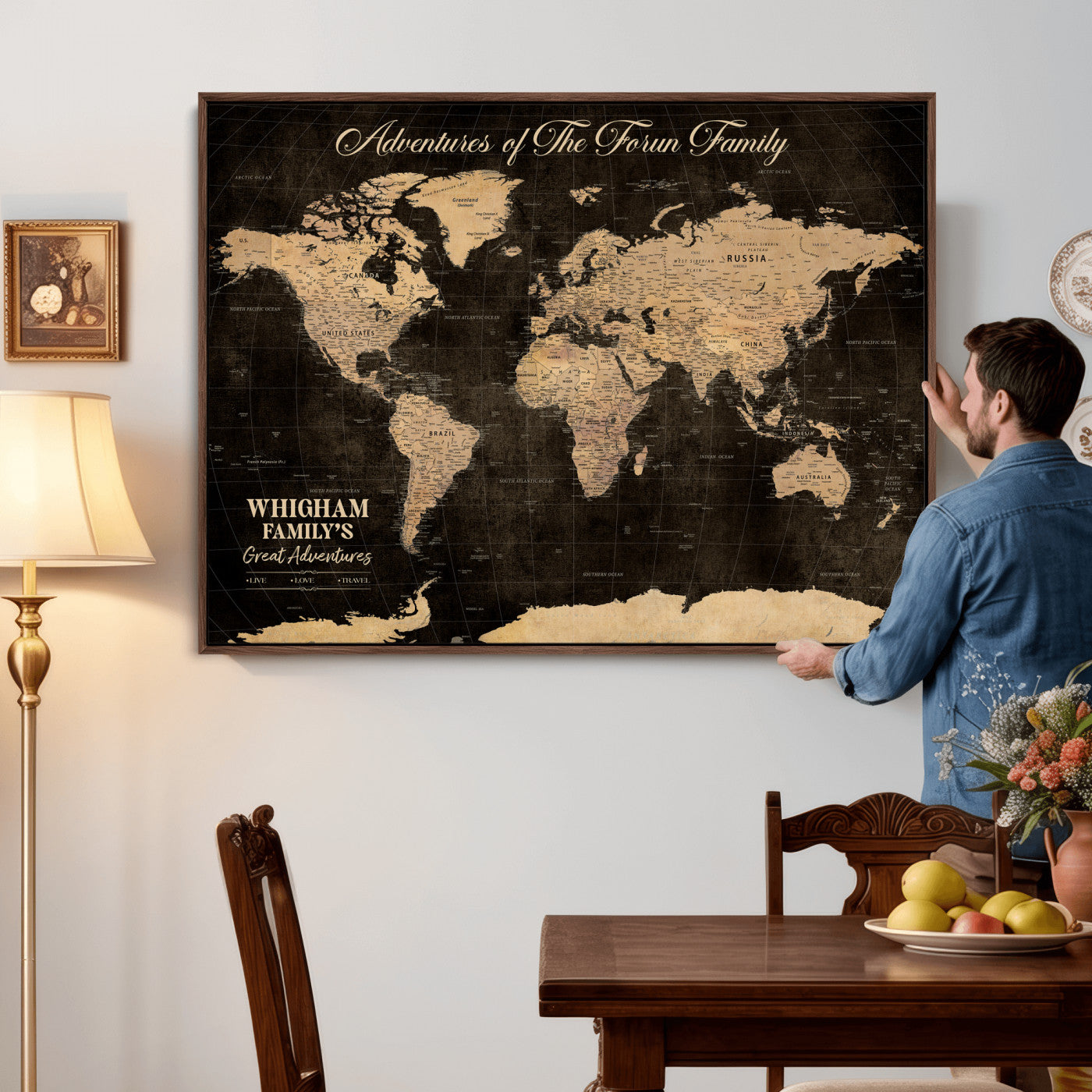 69635819-MGV-CV-36X24 - Custom Push Pin World Map Wall Art Canvas Print – Personalized Travel Tracker with Pins Framed Large for Home and Office Decor