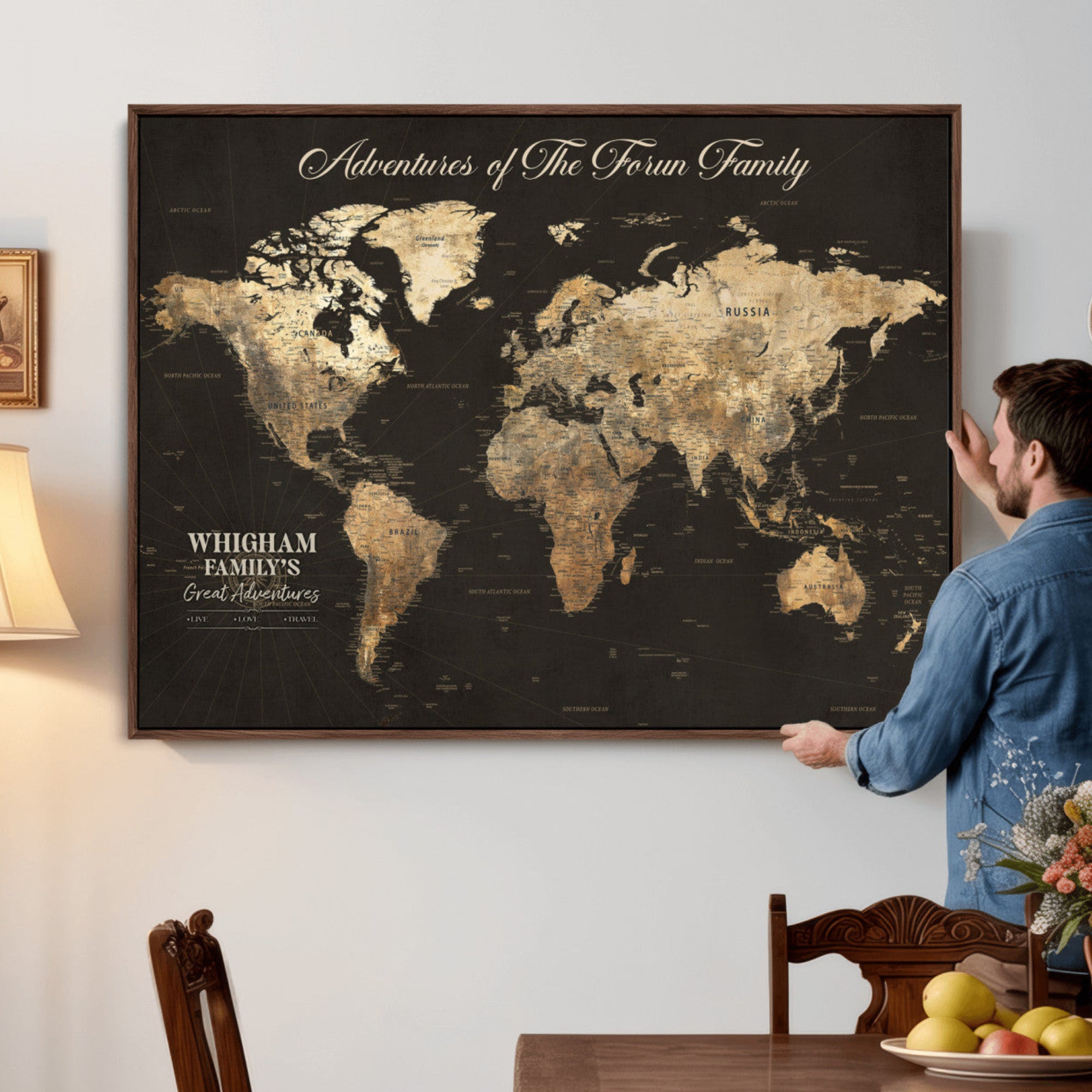 80238567-MGV-CV-36X24 - Custom Push Pin World Map Wall Art Canvas Print – Personalized Travel Tracker with Pins Framed Large for Home and Office Decor