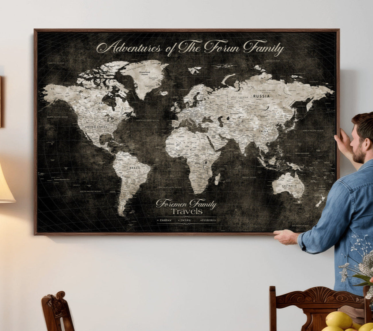 73767525-MGV-CV-36X24 - Custom Push Pin World Map Wall Art Canvas Print – Personalized Travel Tracker with Pins Framed Large for Home and Office Decor
