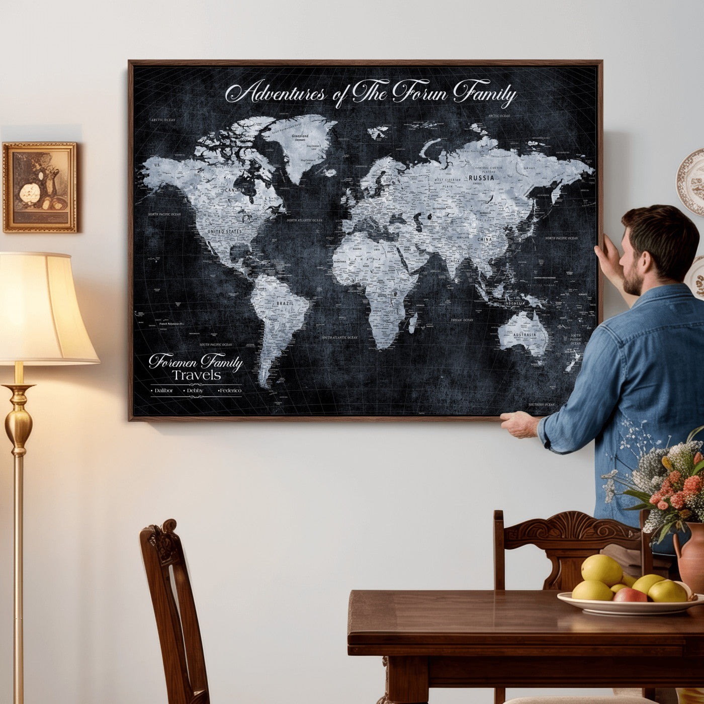 26826520-MGV-CV-36X24 - Custom Push Pin World Map Wall Art Canvas Print – Personalized Travel Tracker with Pins Framed Large for Home and Office Decor