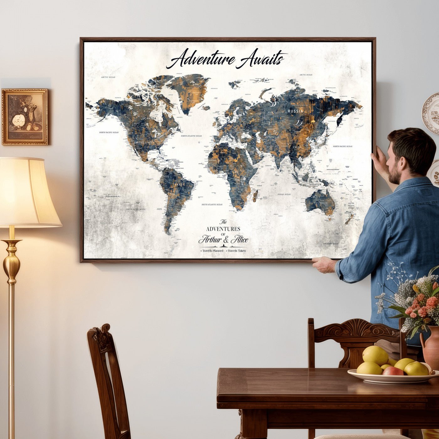 26041262-MGV-CV-36X24 - Custom Push Pin World Map Wall Art Canvas Print – Personalized Travel Tracker with Pins Framed Large for Home and Office Decor