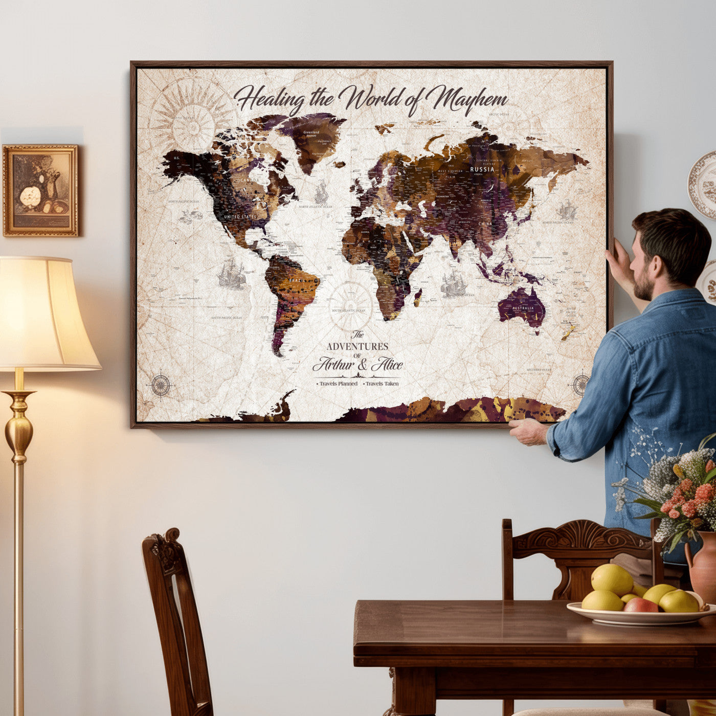 20154714-MGV-CV-36X24 - Custom Push Pin World Map Wall Art Canvas Print – Personalized Travel Tracker with Pins Framed Large for Home and Office Decor