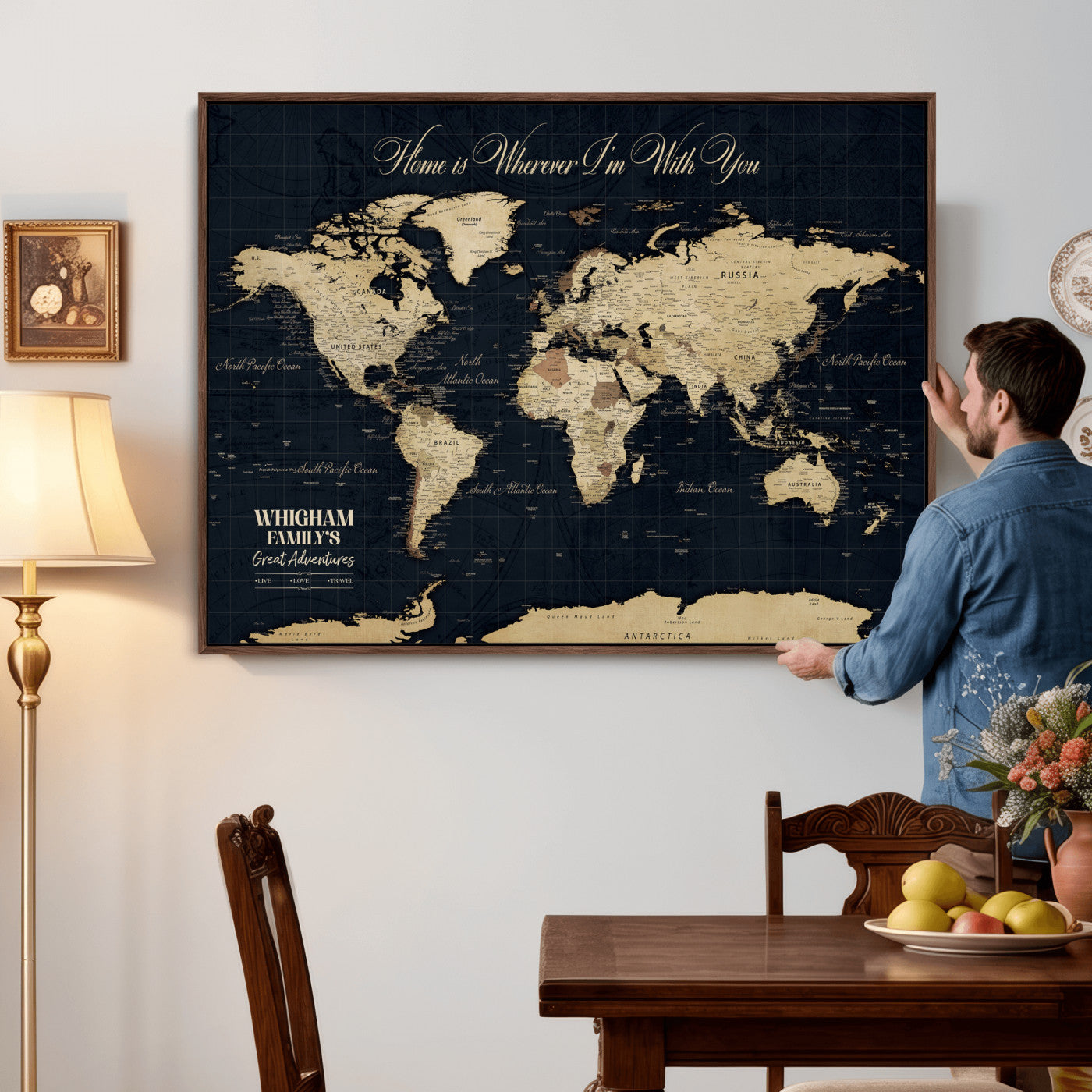 86888698-MGV-CV-36X24 - Custom Push Pin World Map Wall Art Canvas Print – Personalized Travel Tracker with Pins Framed Large for Home and Office Decor