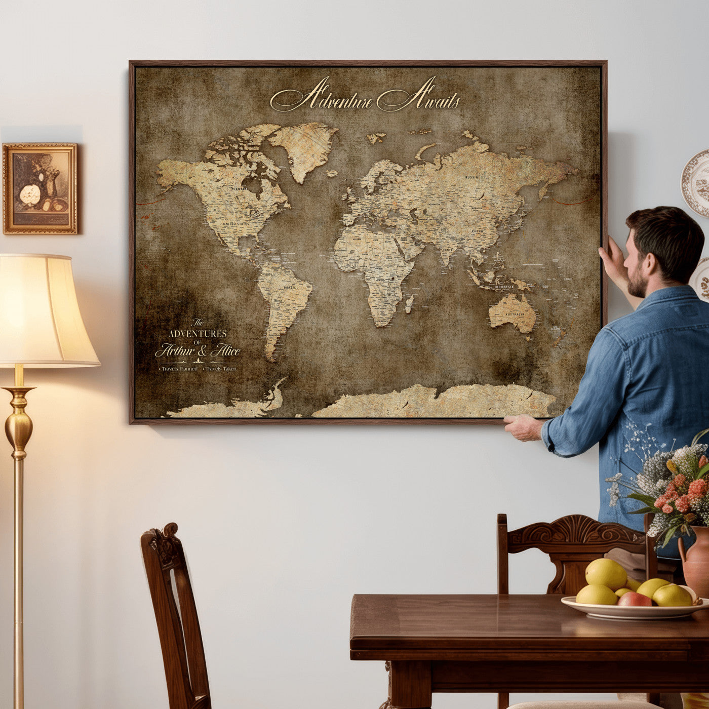 61836190-MGV-CV-36X24 - Custom Push Pin World Map Wall Art Canvas Print – Personalized Travel Tracker with Pins Framed Large for Home and Office Decor