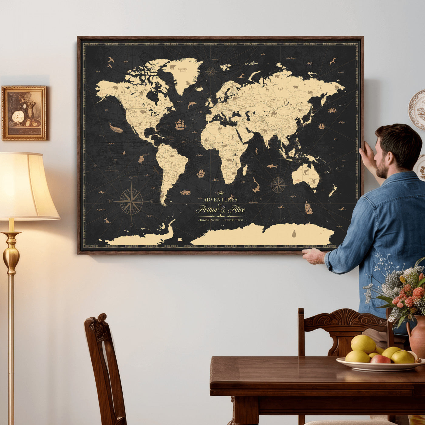 23208482-MGV-CV-36X24 - Custom Push Pin World Map Wall Art Canvas Print – Personalized Travel Tracker with Pins Framed Large for Home and Office Decor