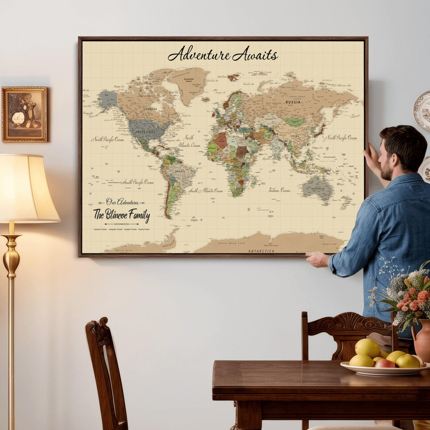 25730261-MGV-CV-36X24 - Custom Push Pin World Map Wall Art Canvas Print – Personalized Travel Tracker with Pins Framed Large for Home and Office Decor