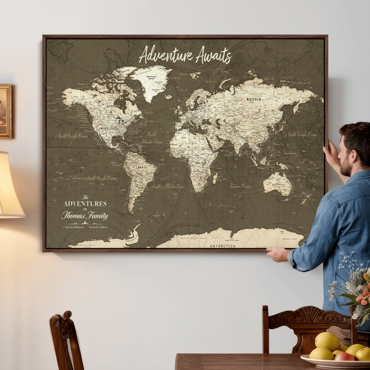 27762875-MGV-CV-36X24 - Custom Push Pin World Map Wall Art Canvas Print – Personalized Travel Tracker with Pins Framed Large for Home and Office Decor