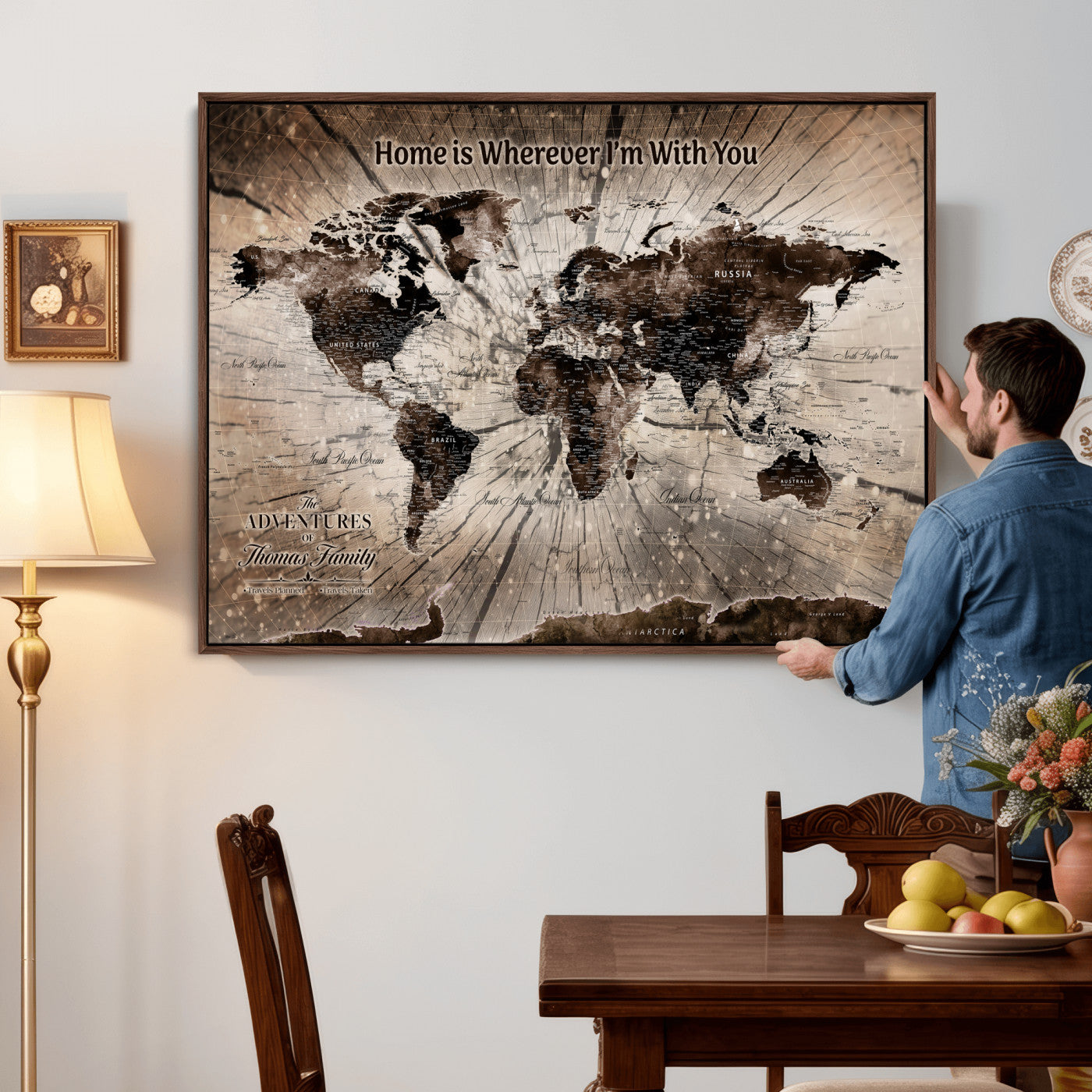 12350515-MGV-CV-36X24 - Custom Push Pin World Map Wall Art Canvas Print – Personalized Travel Tracker with Pins Framed Large for Home and Office Decor