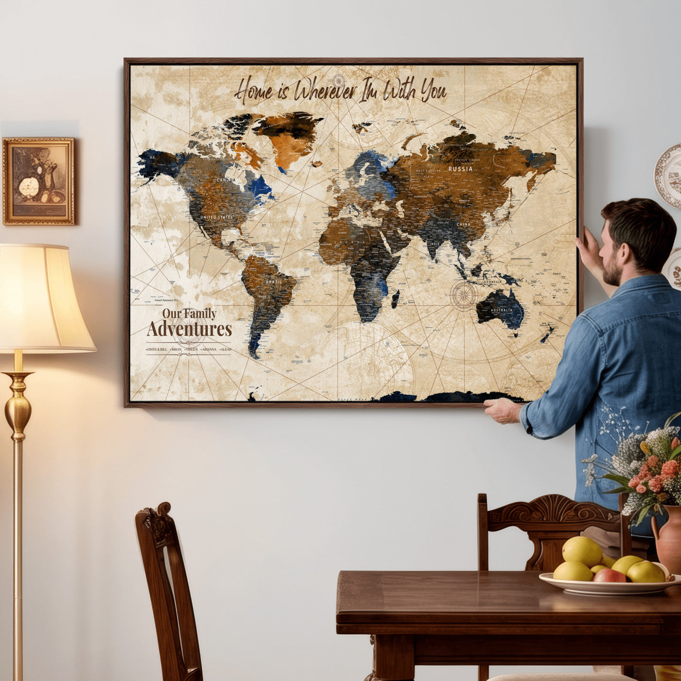 20227642-MGV-CV-36X24 - Custom Push Pin World Map Wall Art Canvas Print – Personalized Travel Tracker with Pins Framed Large for Home and Office Decor
